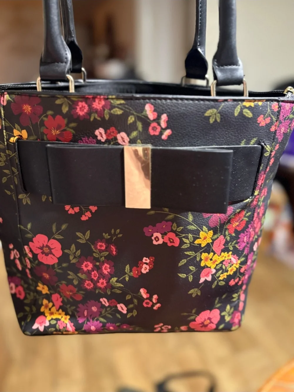 Apt. 9 Black Floral Tote with Bow and Gold Accent